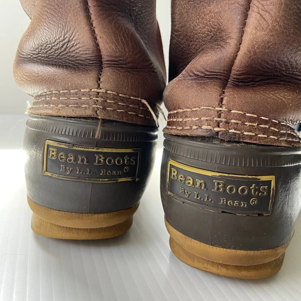 LL Bean Shearling Lined Tall Bean Boots Brown Leather Rubber Side Zip Womens 9